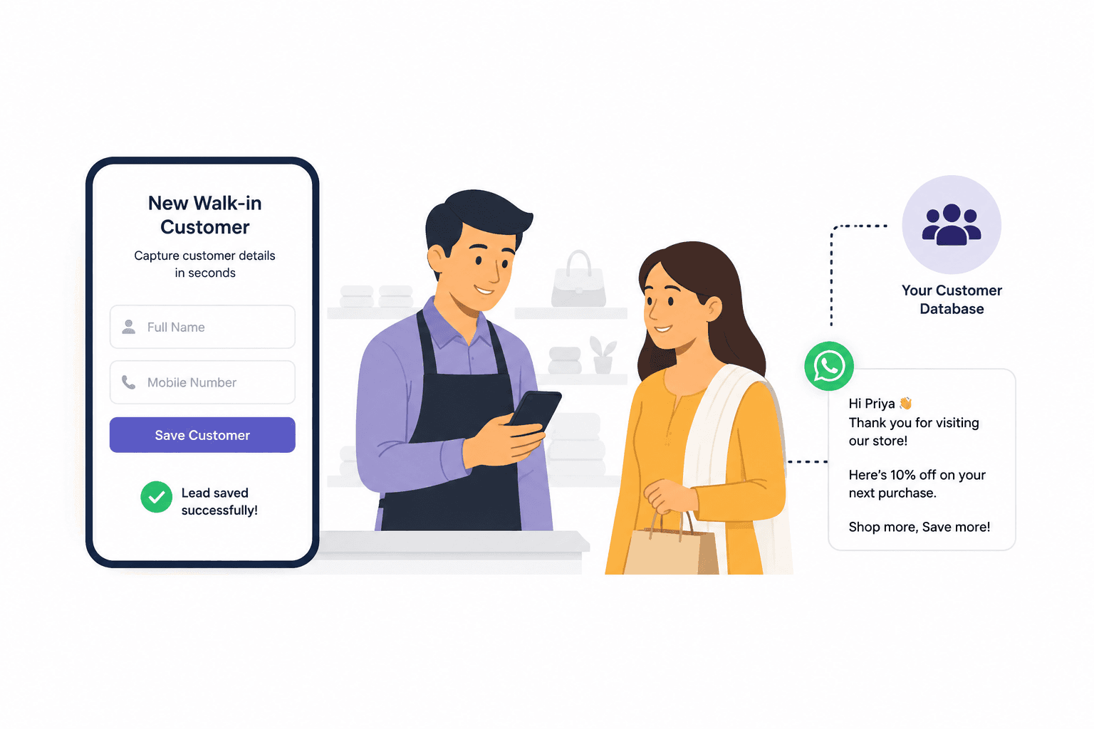 Shopkeeper capturing a walk-in customer's details and sending a WhatsApp offer
